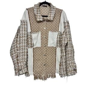Miss Me Women’s Patchwork Tweed Jacket Shacket Fringe Detail Size Large
